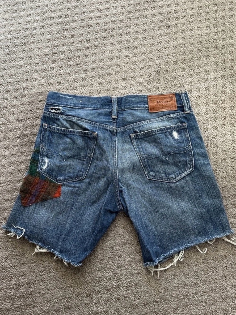 Polo by Ralph Lauren Blue Distressed Denim Shorts with Plaid Patches size 27 - Picture 2 of 10